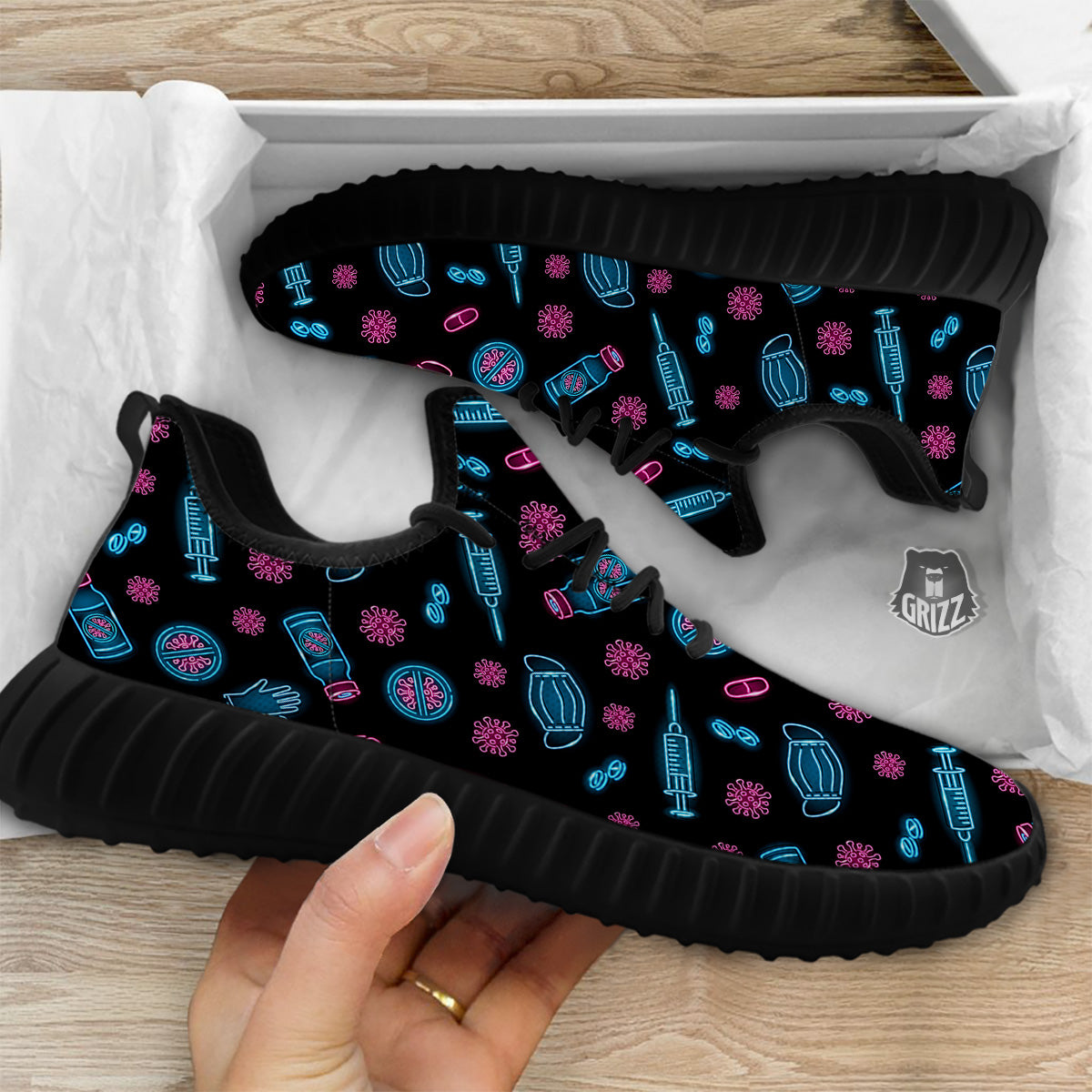 Neon Medical Equipment Print Pattern Black Walking Shoes-grizzshop