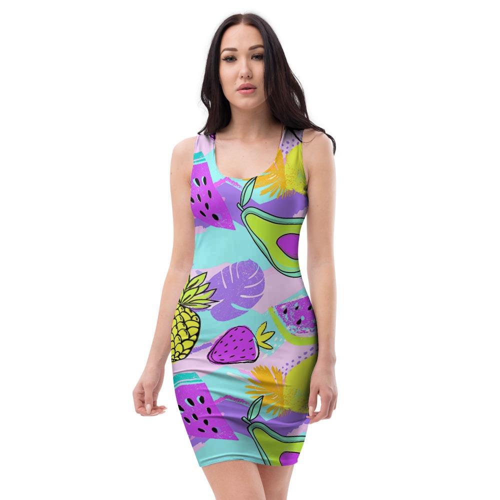 Neon Mix Fruit Pineapple Hawaiian Print Bodycon Dress-grizzshop