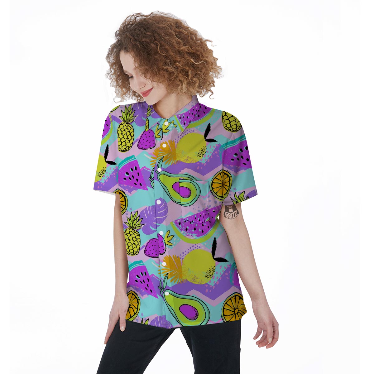 Neon Mix Fruit Pineapple Hawaiian Print Women's Short Sleeve Shirts-grizzshop
