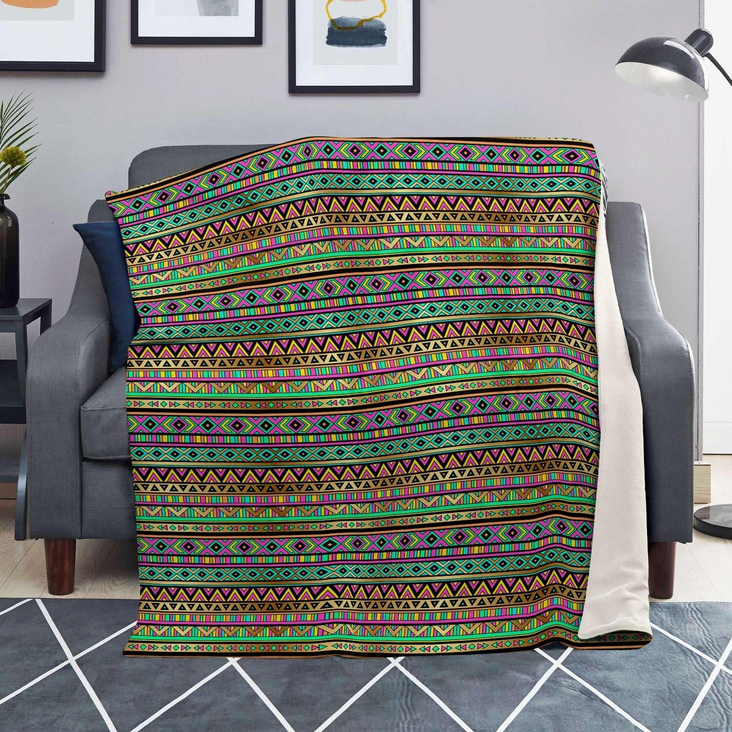 Neon Multicolor Ethic Aztec Aztec Grunge Geometric Print Blanket-grizzshop