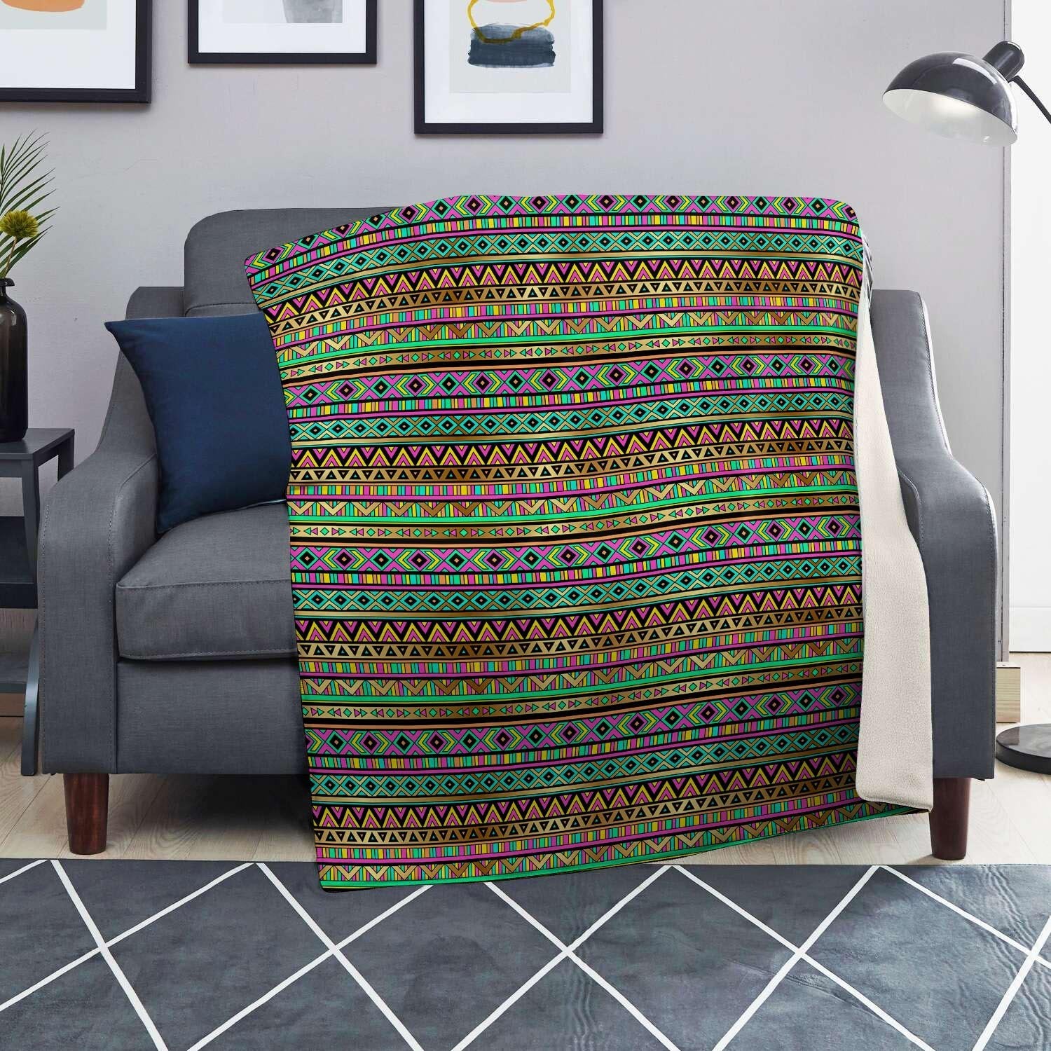 Neon Multicolor Ethic Aztec Aztec Grunge Geometric Print Blanket-grizzshop