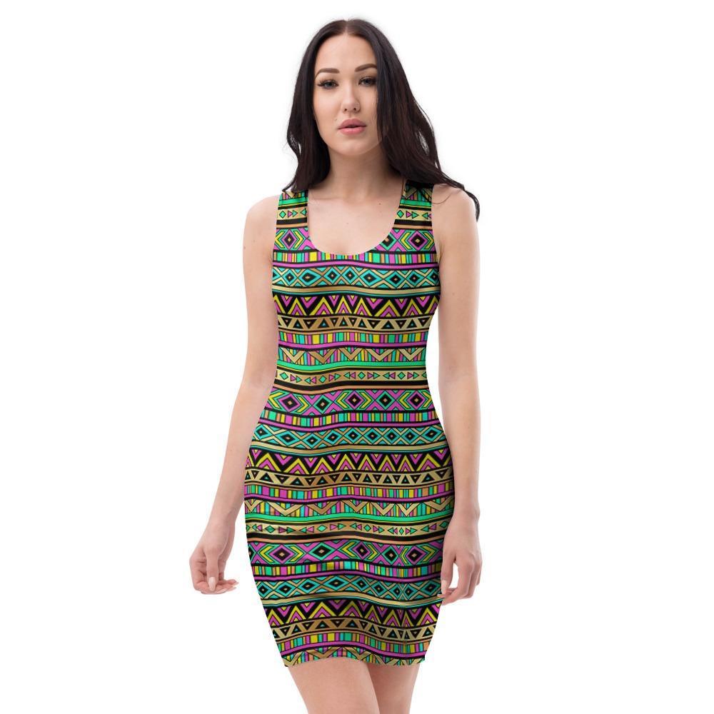 Neon Multicolor Ethic Aztec Aztec Grunge Geometric Print Bodycon Dress-grizzshop