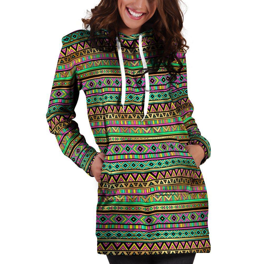 Neon Multicolor Ethic Aztec Aztec Grunge Geometric Print Hoodie Dress-grizzshop