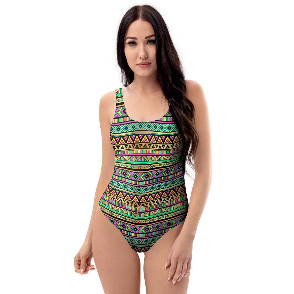 Neon Multicolor Ethic Aztec Aztec Grunge Geometric Print One Piece Swimsuite-grizzshop