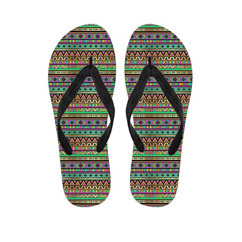Neon Multicolor Ethic Aztec Aztec Grunge Geometric Print Women's Flip Flops-grizzshop
