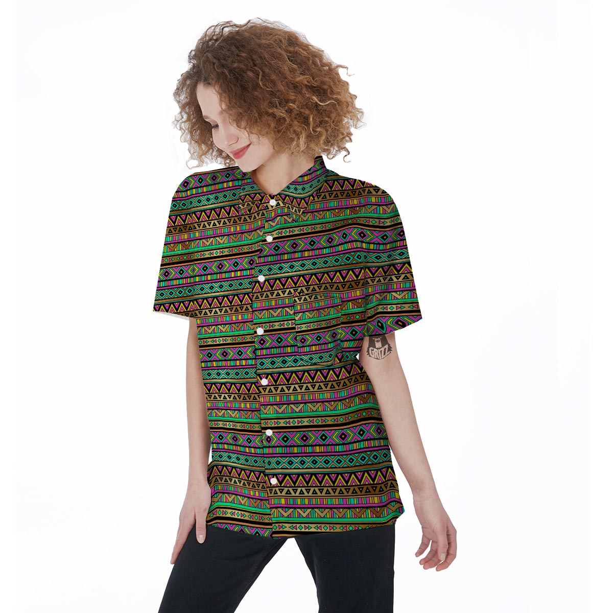 Neon Multicolor Ethic Aztec Aztec Grunge Geometric Print Women's Short Sleeve Shirts-grizzshop