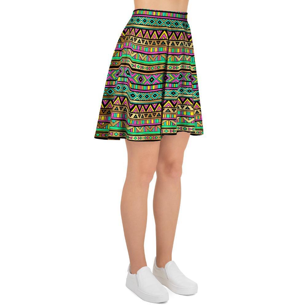 Neon Multicolor Ethic Aztec Aztec Grunge Geometric Print Women's Skirt-grizzshop