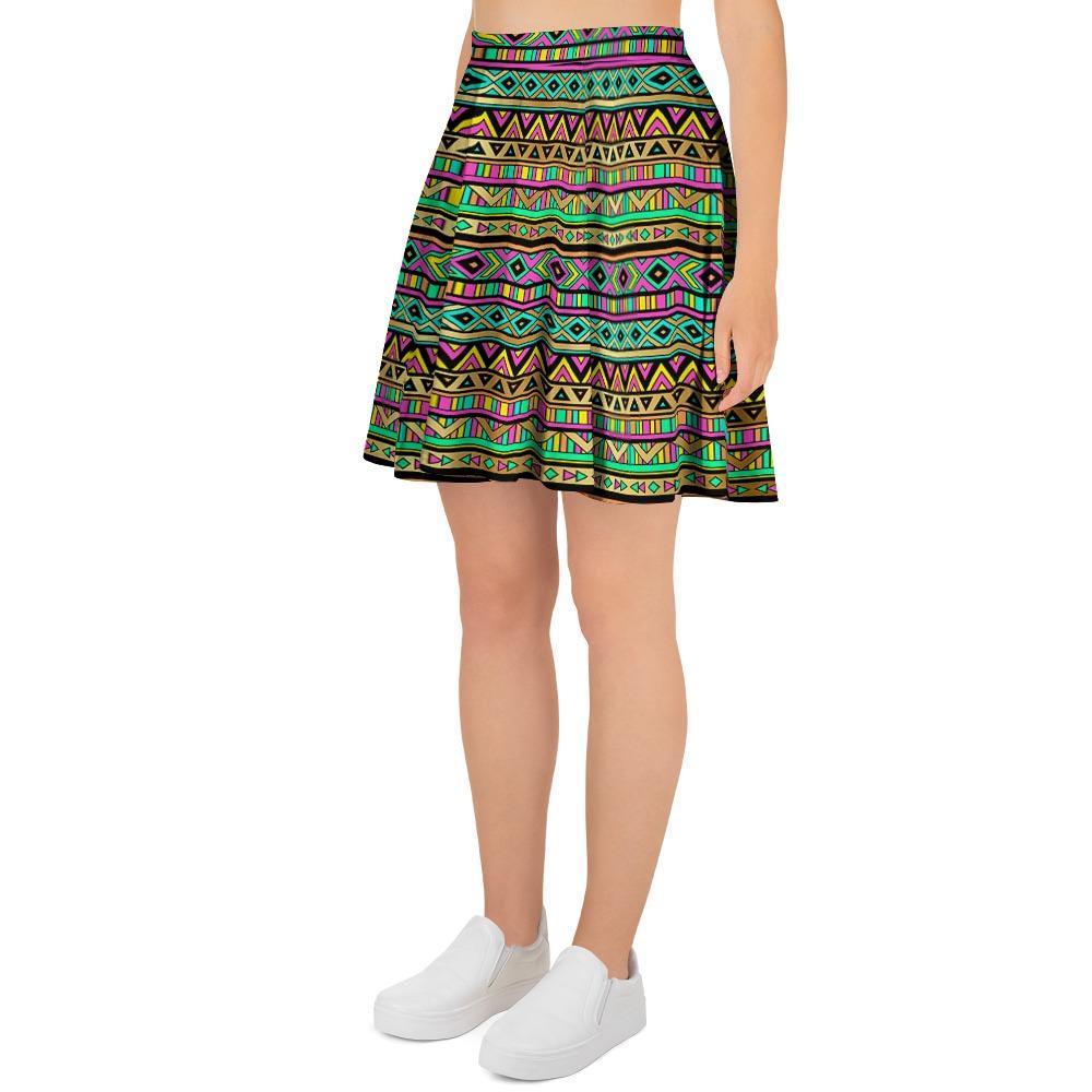 Neon Multicolor Ethic Aztec Aztec Grunge Geometric Print Women's Skirt-grizzshop