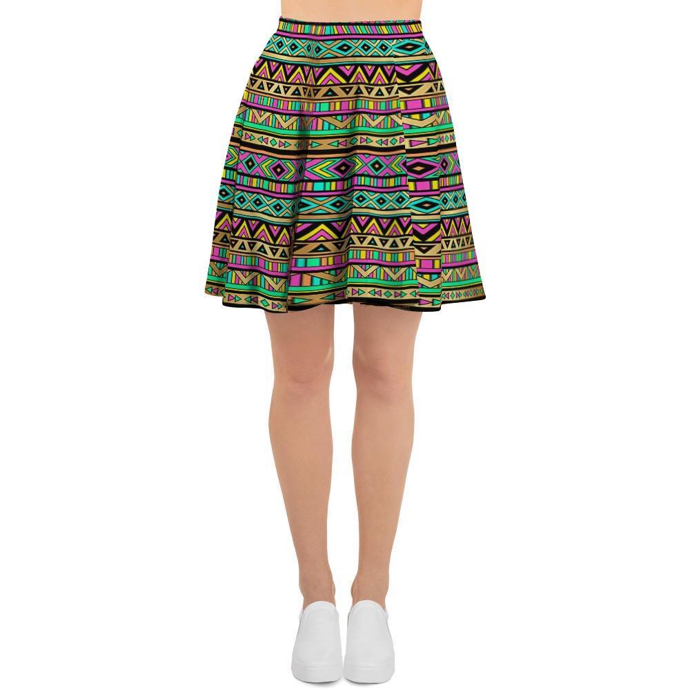 Neon Multicolor Ethic Aztec Aztec Grunge Geometric Print Women's Skirt-grizzshop