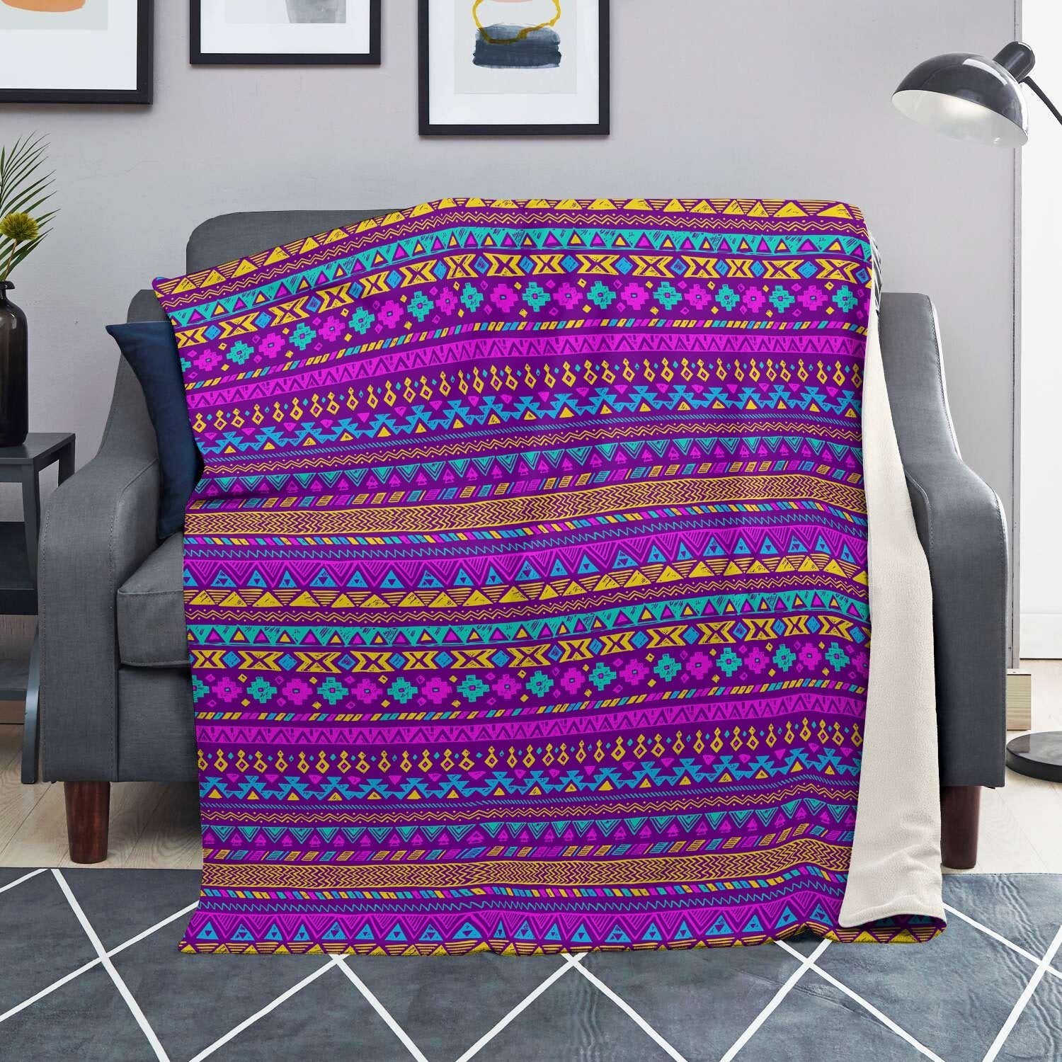 Neon Multicolor Ethic Aztec Doodle Print Blanket-grizzshop