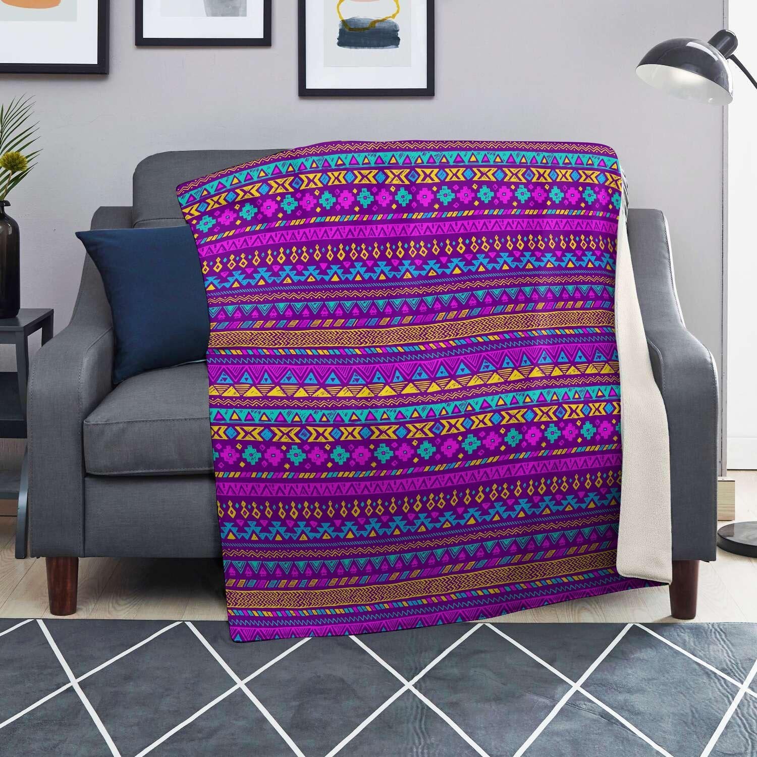 Neon Multicolor Ethic Aztec Doodle Print Blanket-grizzshop