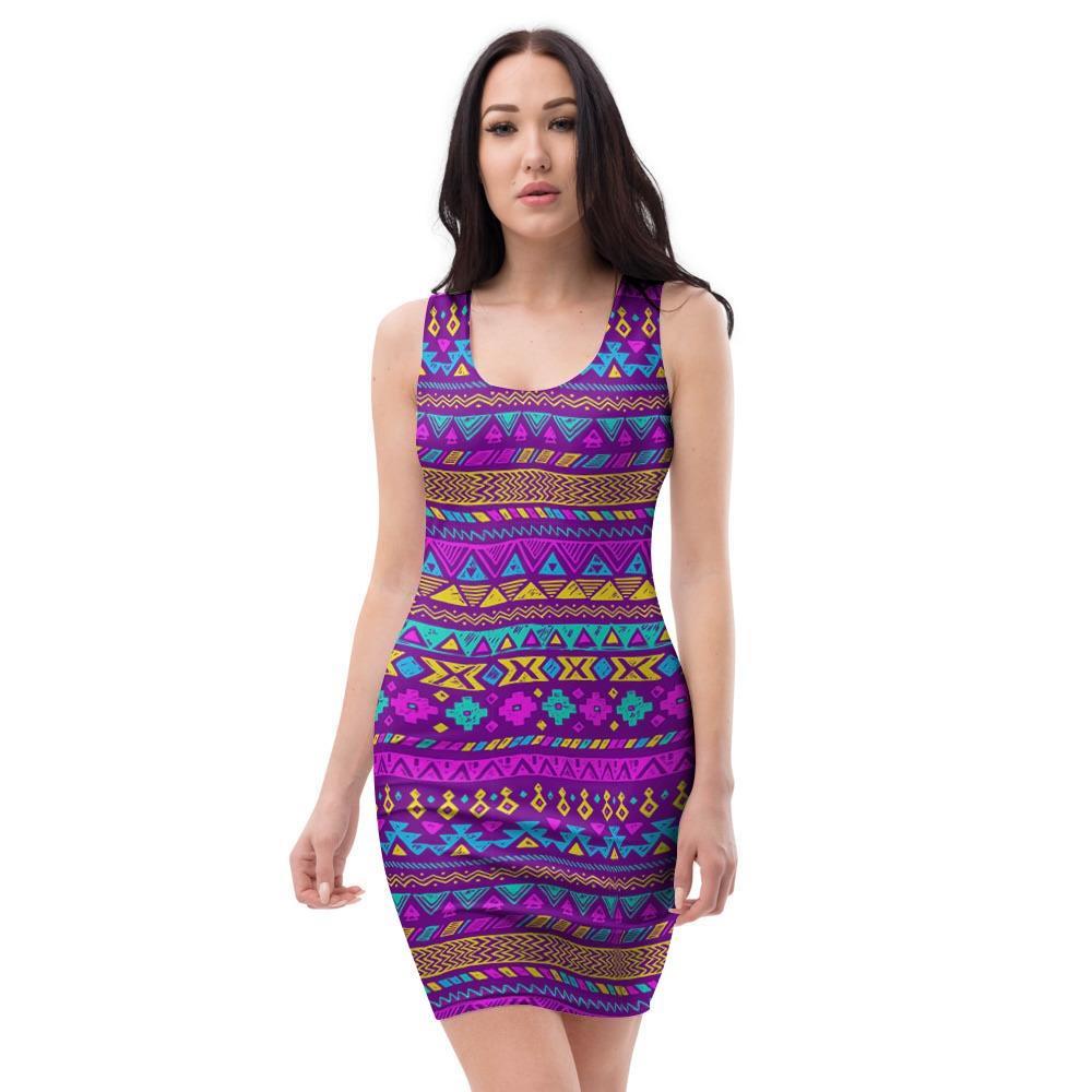Neon Multicolor Ethic Aztec Doodle Print Bodycon Dress-grizzshop