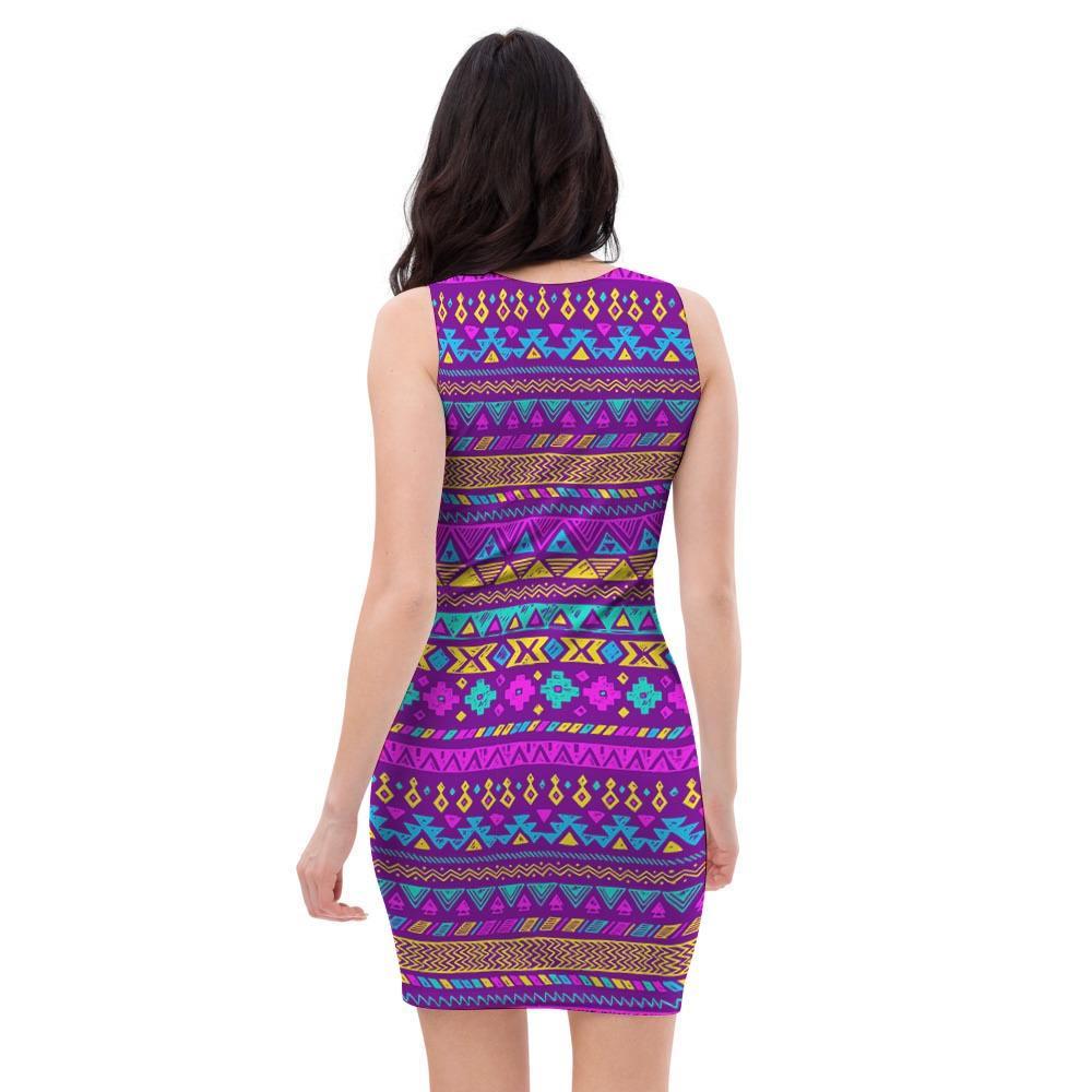 Neon Multicolor Ethic Aztec Doodle Print Bodycon Dress-grizzshop