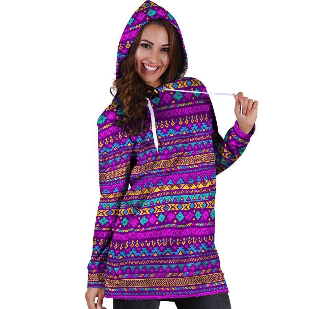 Neon Multicolor Ethic Aztec Doodle Print Hoodie Dress-grizzshop