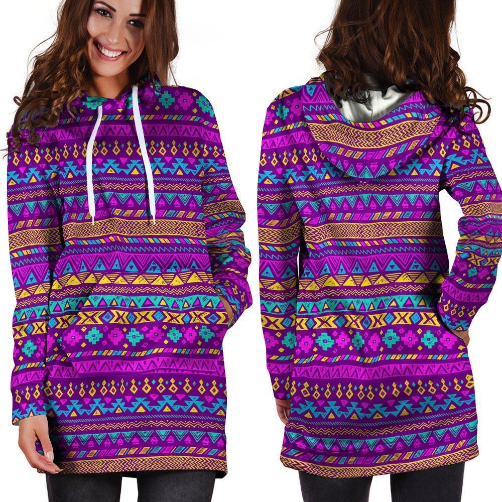 Neon Multicolor Ethic Aztec Doodle Print Hoodie Dress-grizzshop