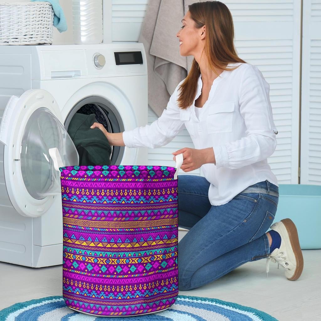Neon Multicolor Ethic Aztec Doodle Print Laundry Basket-grizzshop