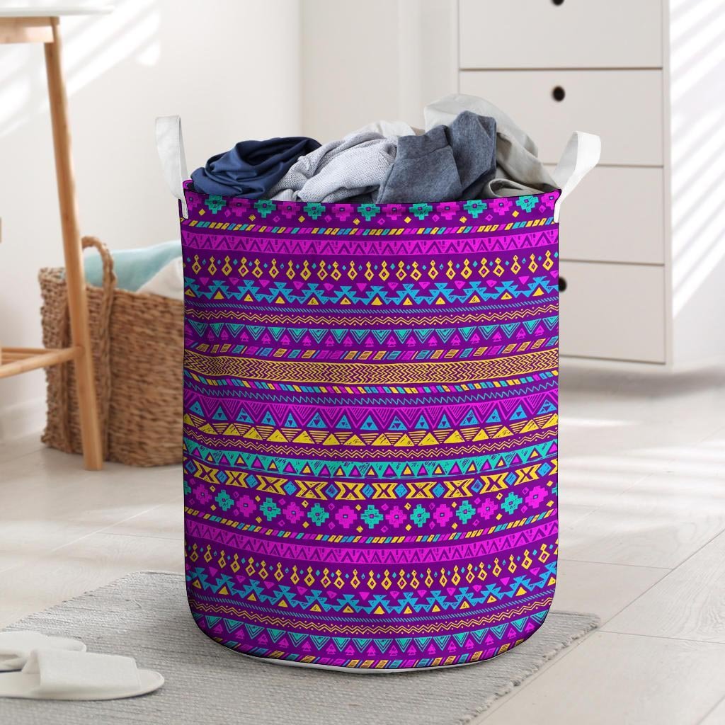 Neon Multicolor Ethic Aztec Doodle Print Laundry Basket-grizzshop