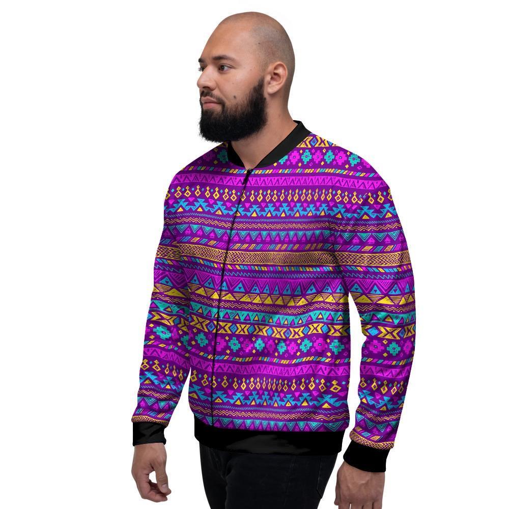 Neon Multicolor Ethic Aztec Doodle Print Men's Bomber Jacket-grizzshop