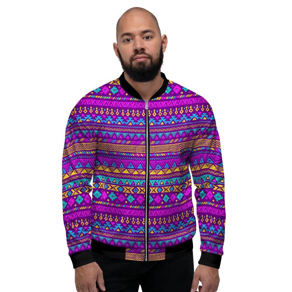 Neon Multicolor Ethic Aztec Doodle Print Men's Bomber Jacket-grizzshop