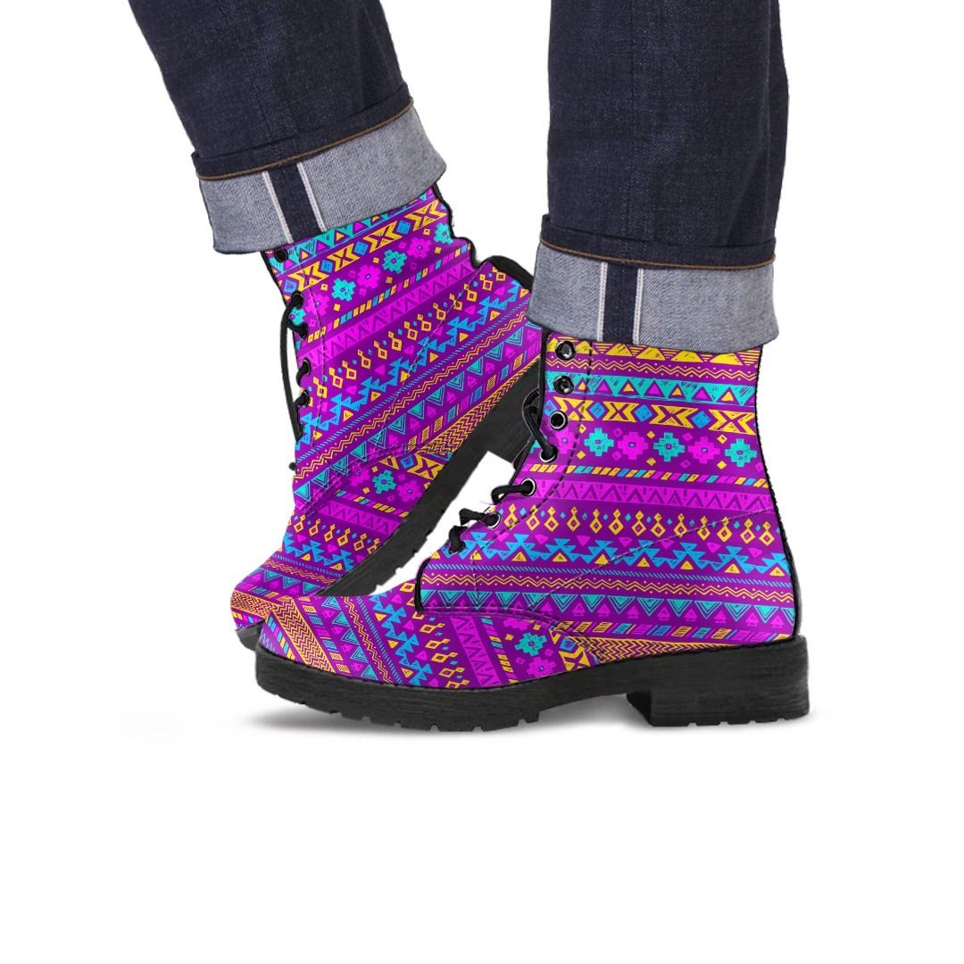 Neon Multicolor Ethic Aztec Doodle Print Men's Boots-grizzshop