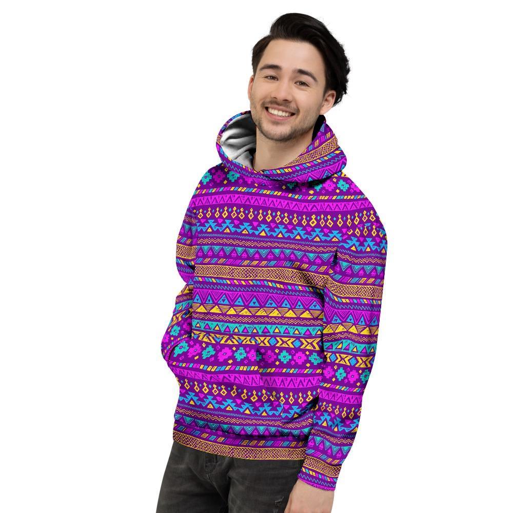 Neon Multicolor Ethic Aztec Doodle Print Men's Hoodie-grizzshop