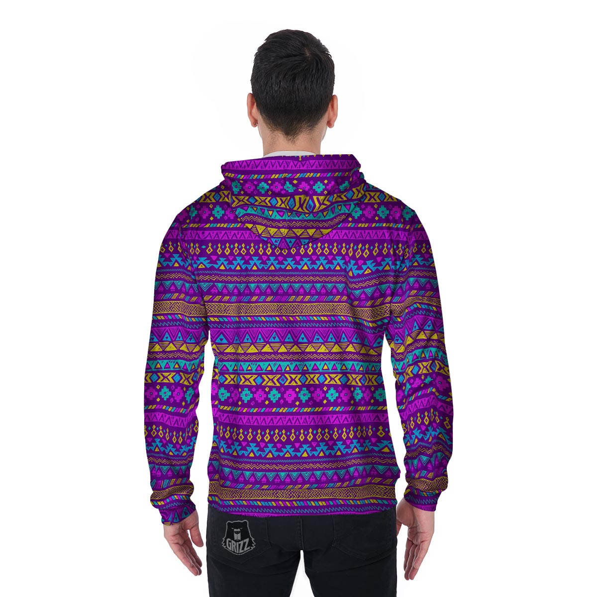 Neon Multicolor Ethic Aztec Doodle Print Men's Zip Up Hoodie-grizzshop