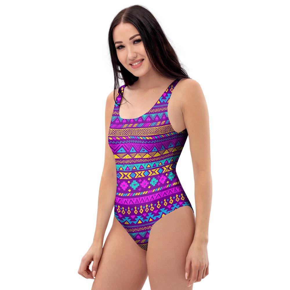 Neon Multicolor Ethic Aztec Doodle Print One Piece Swimsuite-grizzshop