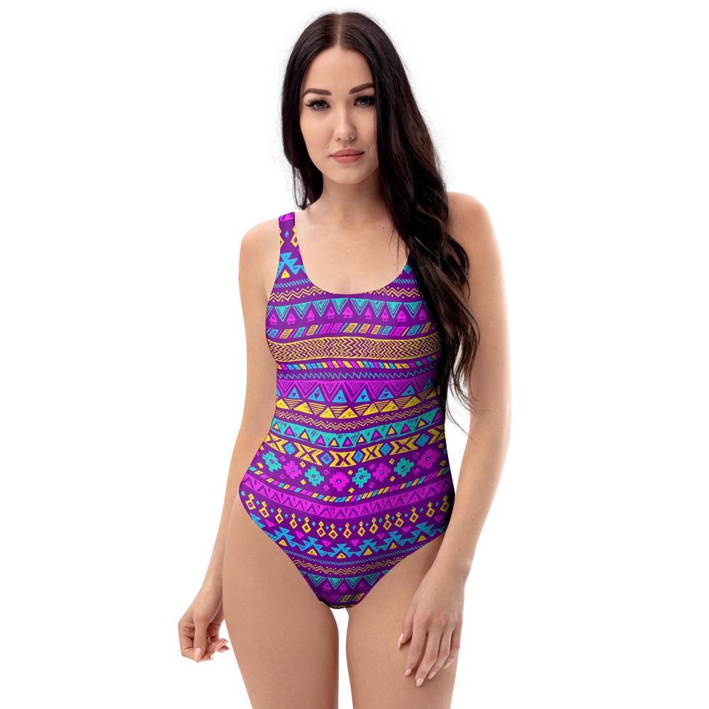 Neon Multicolor Ethic Aztec Doodle Print One Piece Swimsuite-grizzshop