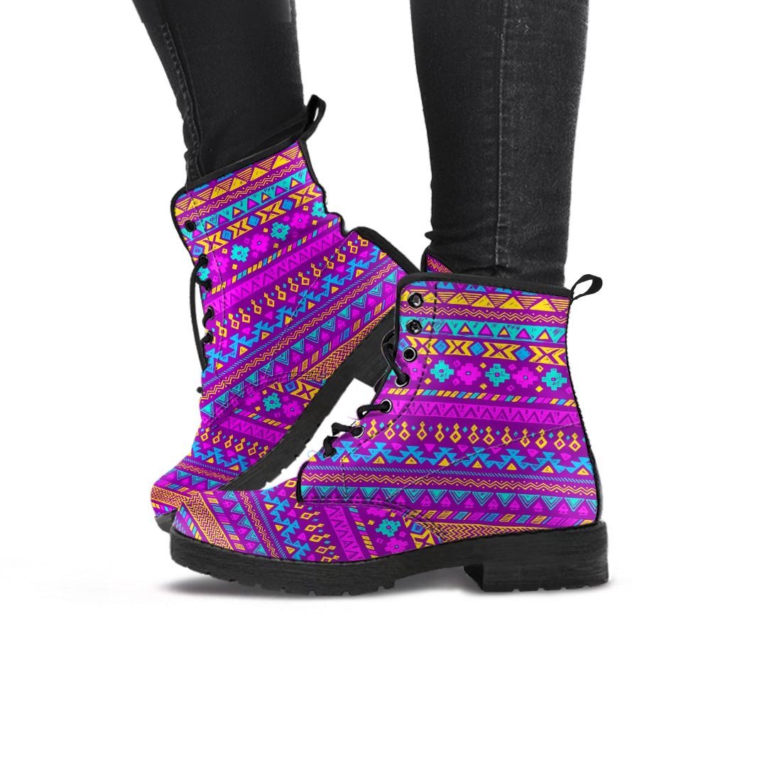 Neon Multicolor Ethic Aztec Doodle Print Women's Boots-grizzshop
