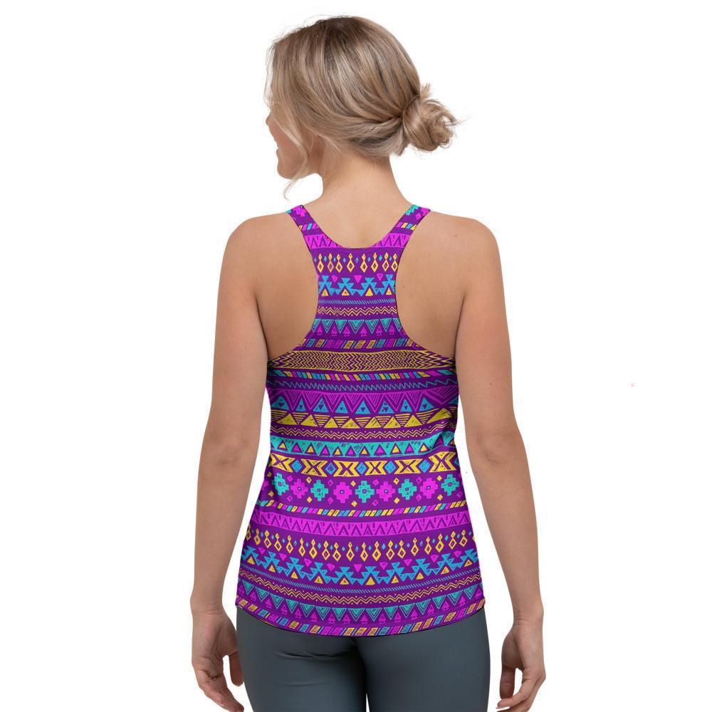 Neon Multicolor Ethic Aztec Doodle Print Women's Racerback Tank Top-grizzshop