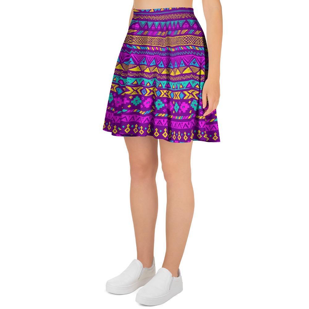 Neon Multicolor Ethic Aztec Doodle Print Women's Skirt-grizzshop