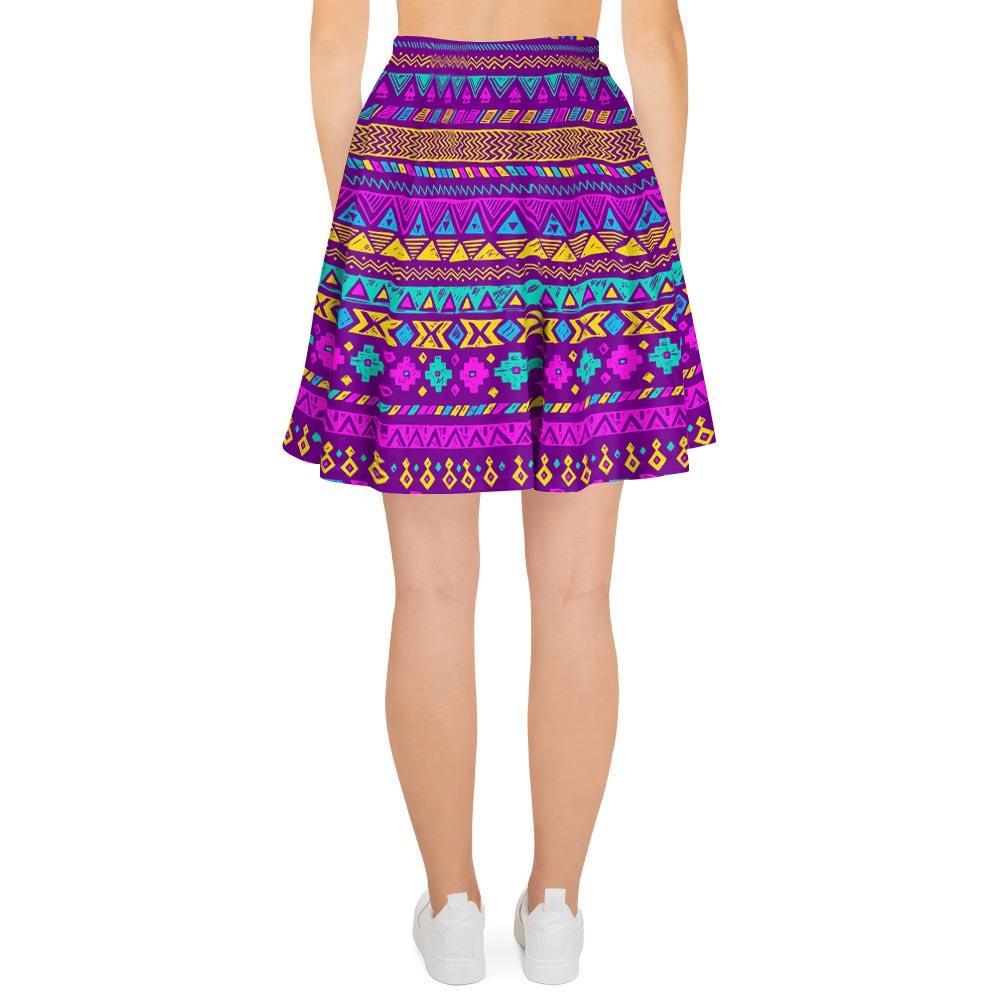 Neon Multicolor Ethic Aztec Doodle Print Women's Skirt-grizzshop