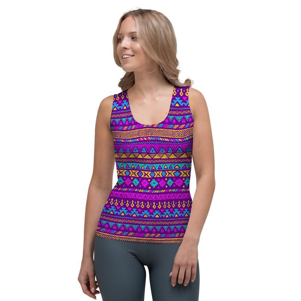 Neon Multicolor Ethic Aztec Doodle Print Women's Tank Top-grizzshop