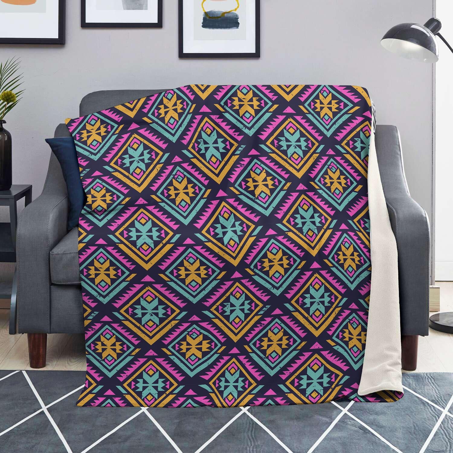 Neon Multicolor Ethic Aztec Grunge Print Blanket-grizzshop