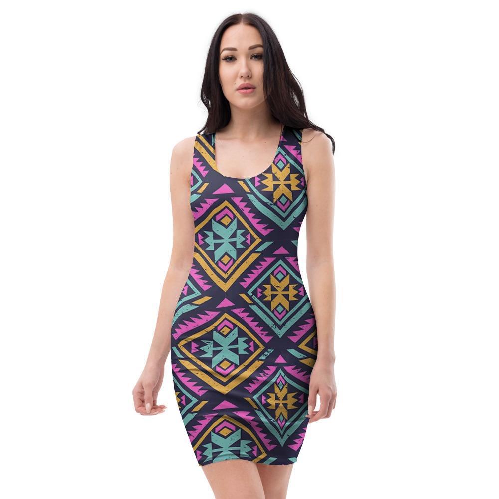 Neon Multicolor Ethic Aztec Grunge Print Bodycon Dress-grizzshop