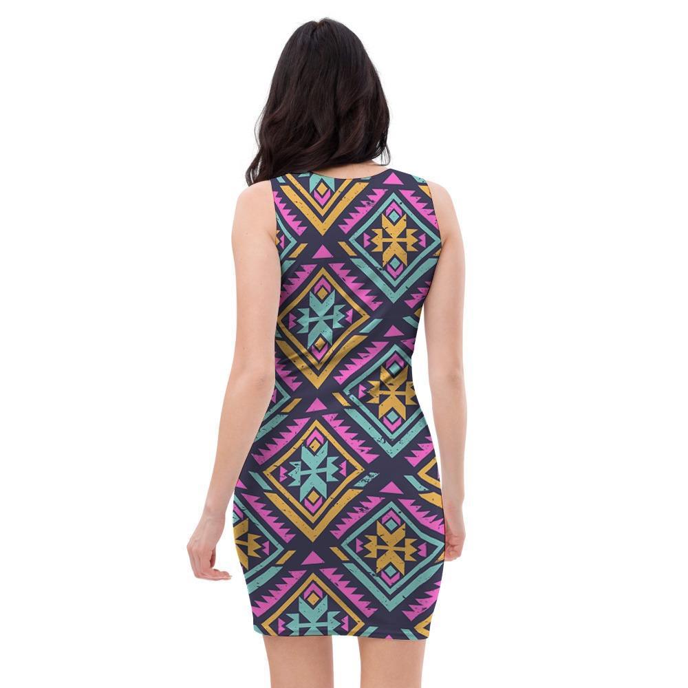 Neon Multicolor Ethic Aztec Grunge Print Bodycon Dress-grizzshop