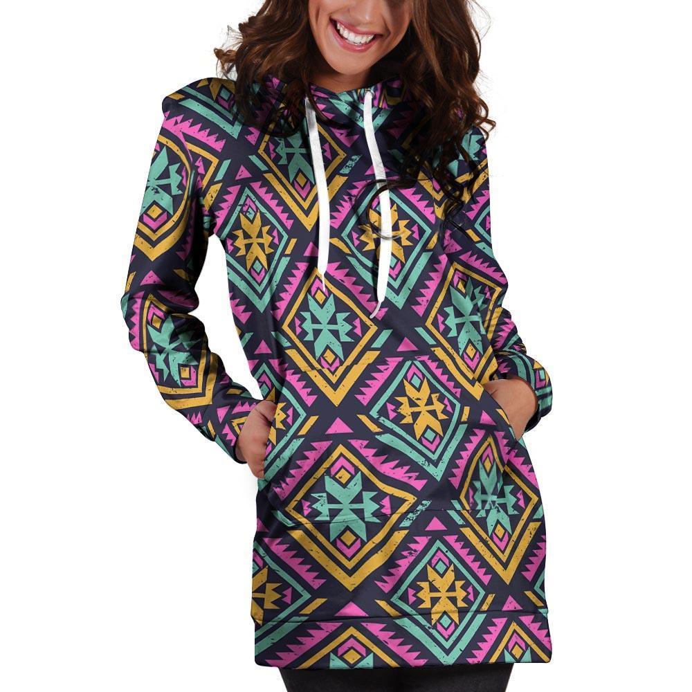 Neon Multicolor Ethic Aztec Grunge Print Hoodie Dress-grizzshop