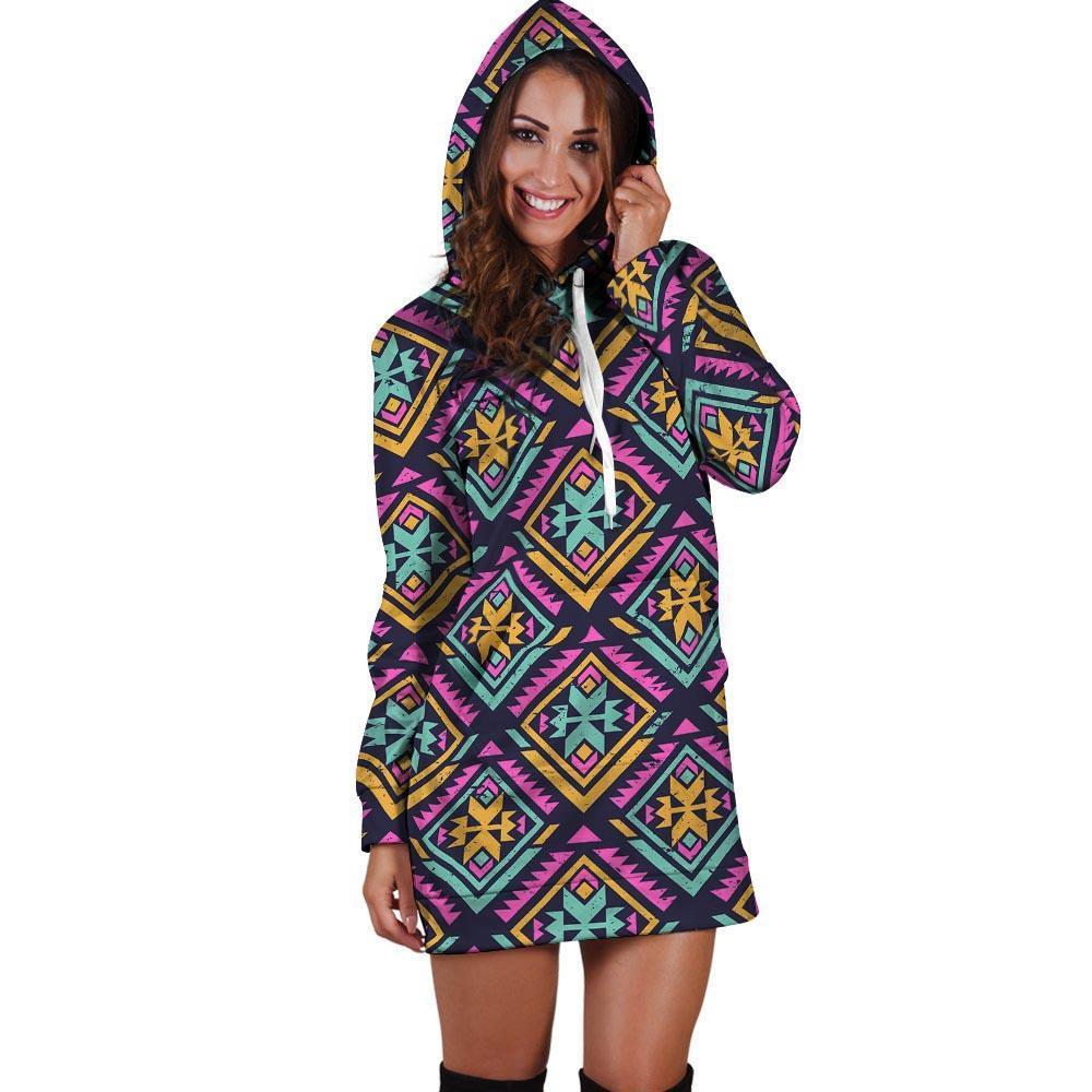 Neon Multicolor Ethic Aztec Grunge Print Hoodie Dress-grizzshop