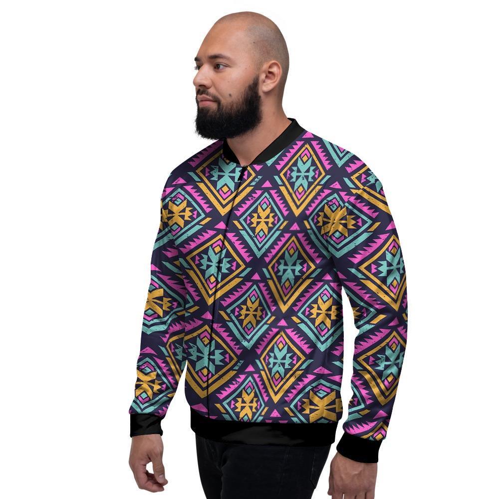 Neon Multicolor Ethic Aztec Grunge Print Men's Bomber Jacket-grizzshop