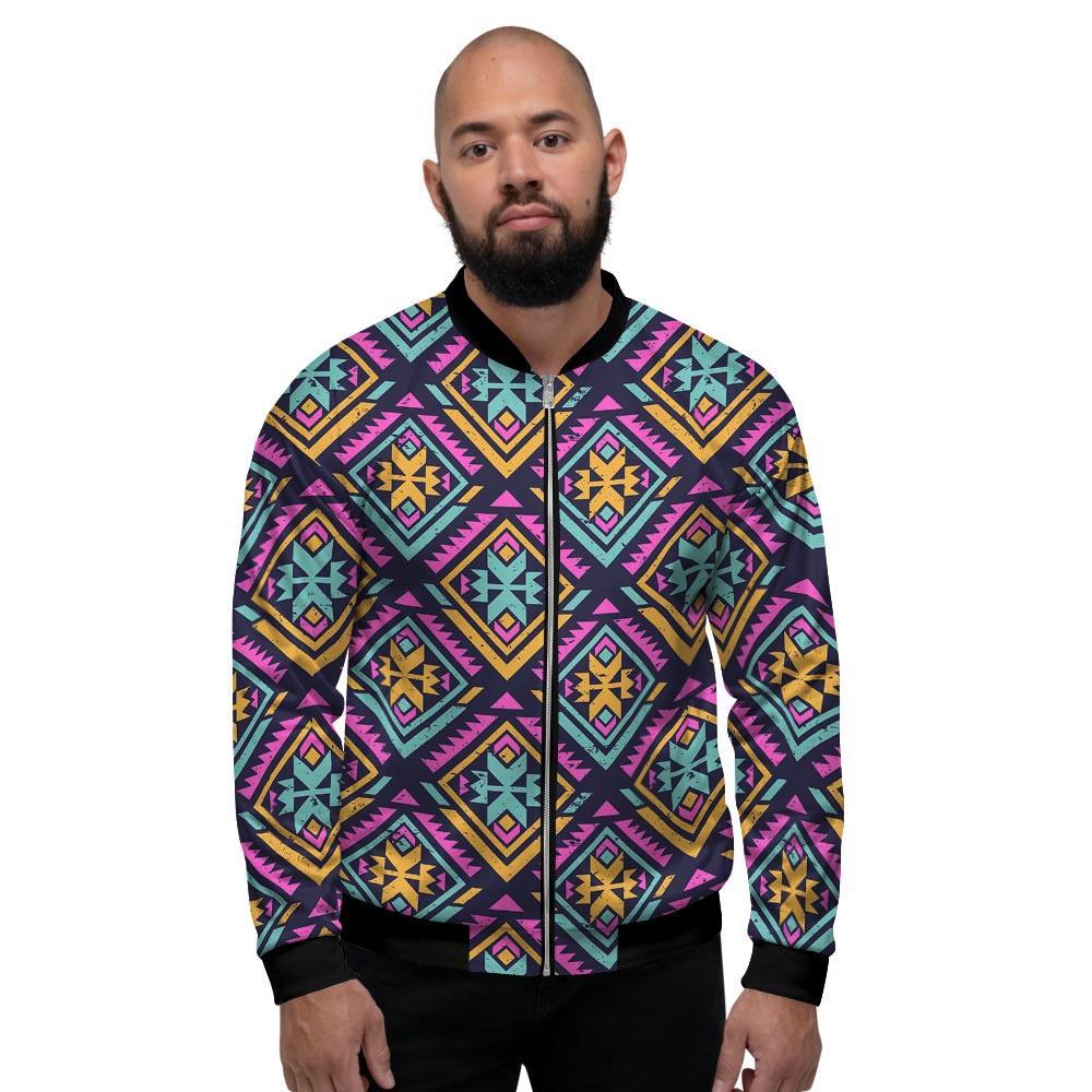 Neon Multicolor Ethic Aztec Grunge Print Men's Bomber Jacket-grizzshop