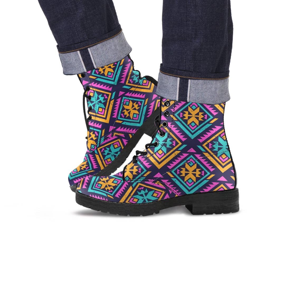 Neon Multicolor Ethic Aztec Grunge Print Men's Boots-grizzshop
