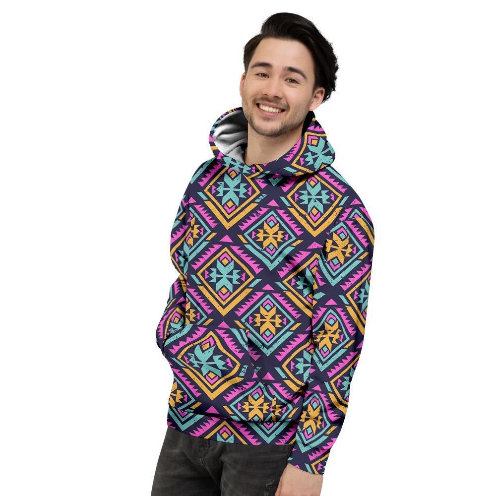 Neon Multicolor Ethic Aztec Grunge Print Men's Hoodie-grizzshop