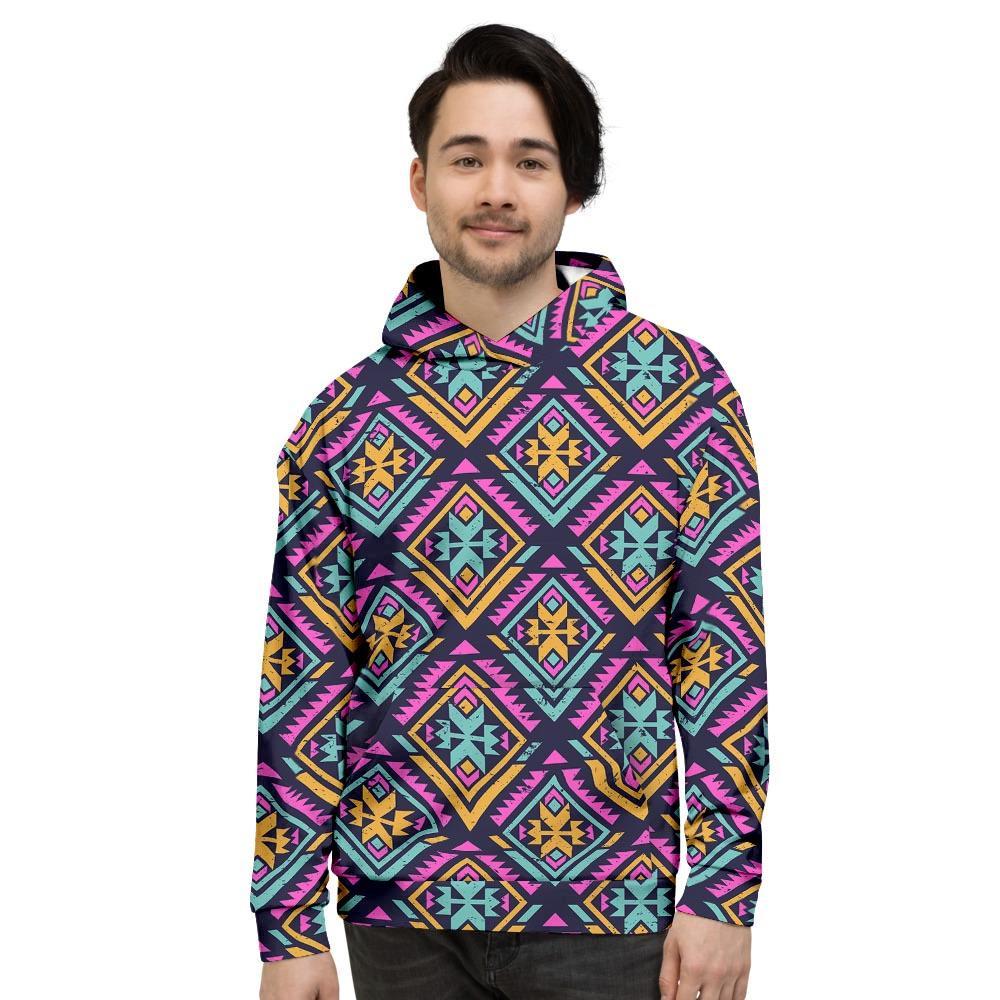 Neon Multicolor Ethic Aztec Grunge Print Men's Hoodie-grizzshop