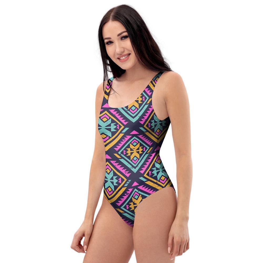 Neon Multicolor Ethic Aztec Grunge Print One Piece Swimsuite-grizzshop