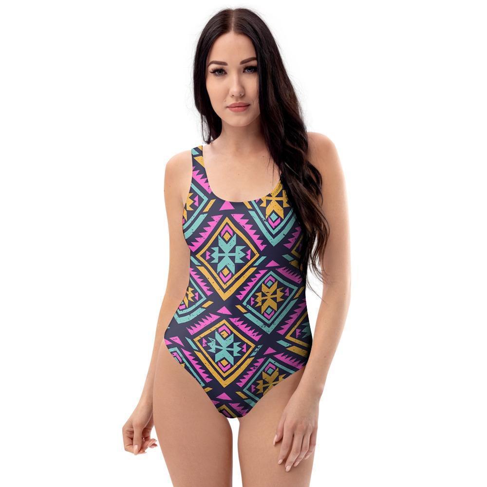 Neon Multicolor Ethic Aztec Grunge Print One Piece Swimsuite-grizzshop