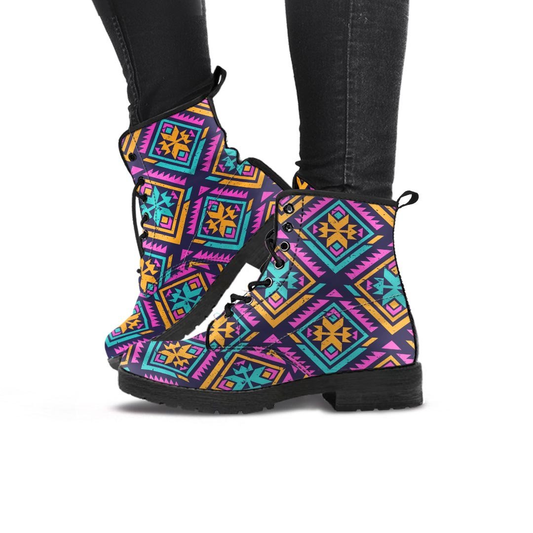 Neon Multicolor Ethic Aztec Grunge Print Women's Boots-grizzshop