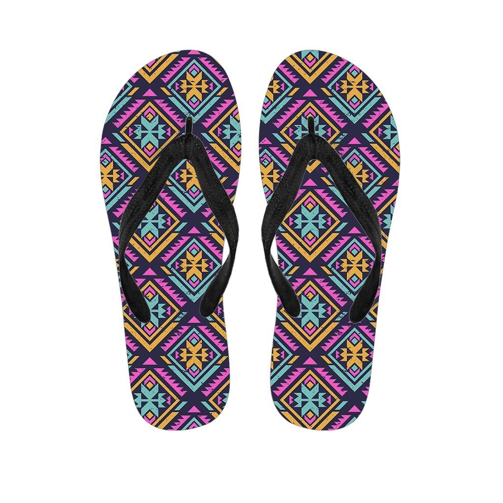 Neon Multicolor Ethic Aztec Grunge Print Women's Flip Flops-grizzshop