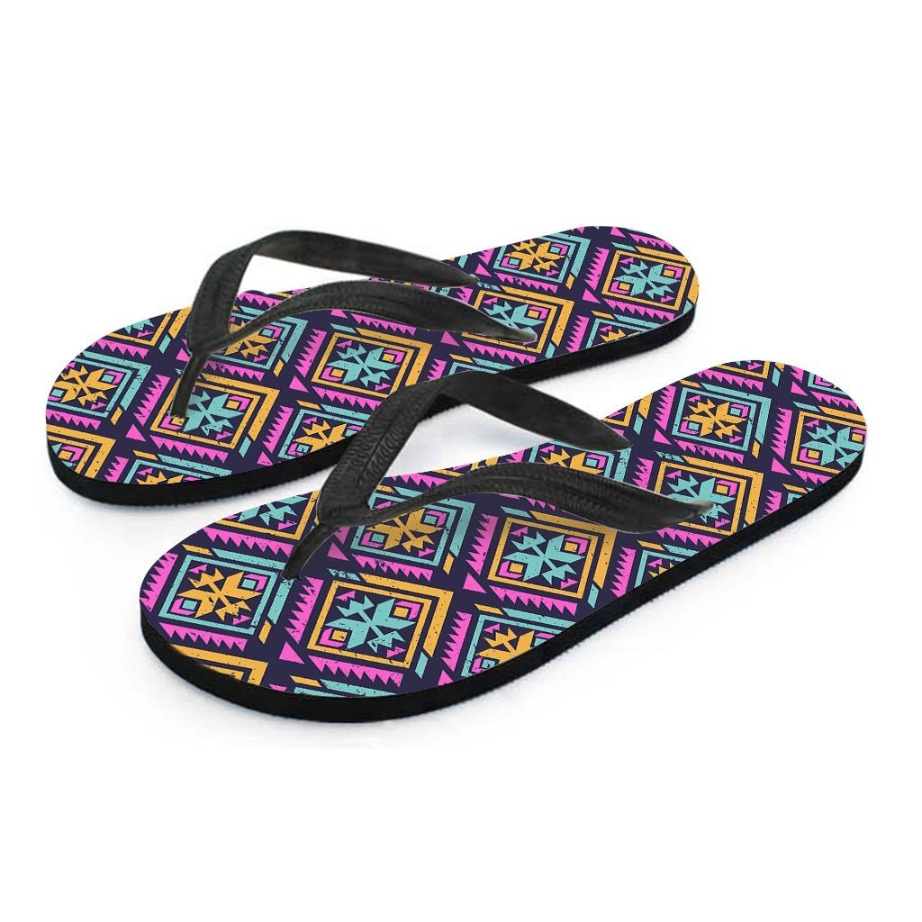 Neon Multicolor Ethic Aztec Grunge Print Women's Flip Flops-grizzshop