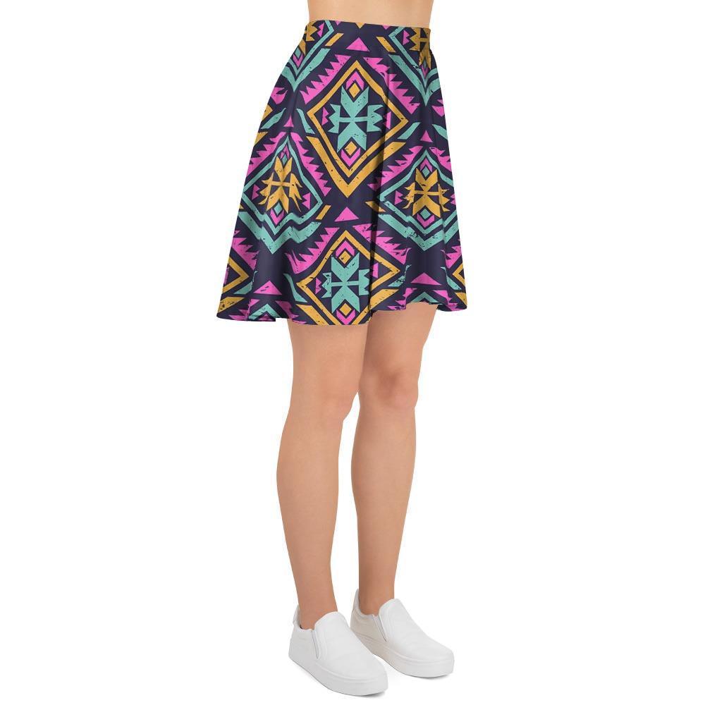 Neon Multicolor Ethic Aztec Grunge Print Women's Skirt-grizzshop