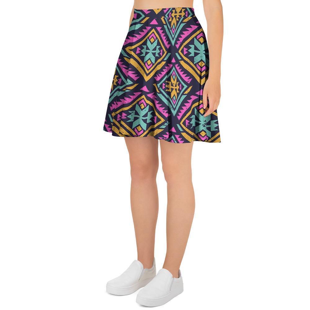 Neon Multicolor Ethic Aztec Grunge Print Women's Skirt-grizzshop